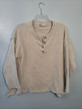 Free People Beach "Hailee" Waffle-Knit Henley Sweater size small cream beige